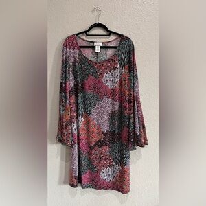 Ivy Lane Floral Paisley  Multi Color Bell Sleeve Dress Midi Boho Size 2X TC0558